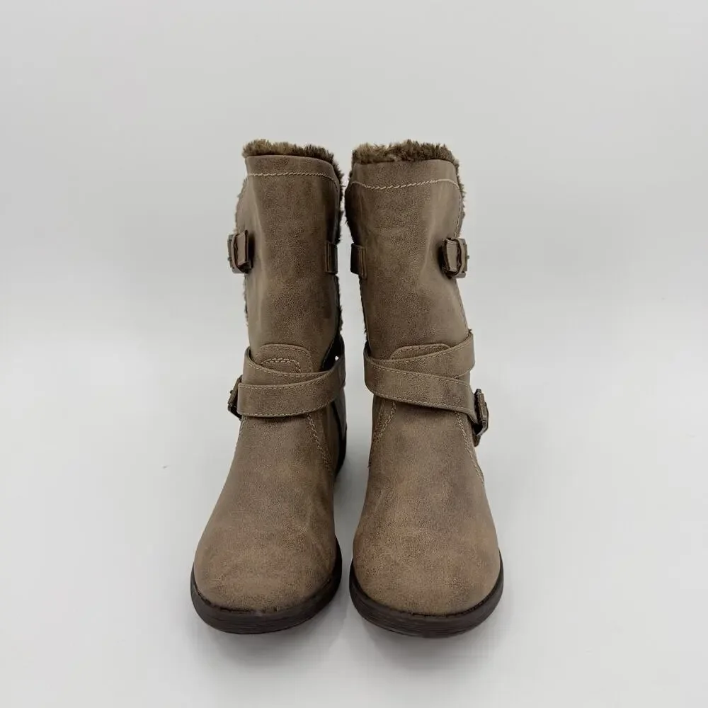 Carlos Santana Faux Fur Lined Moto Strappy Mid Calf Winter Boots Taupe 9M‎ Cabin
